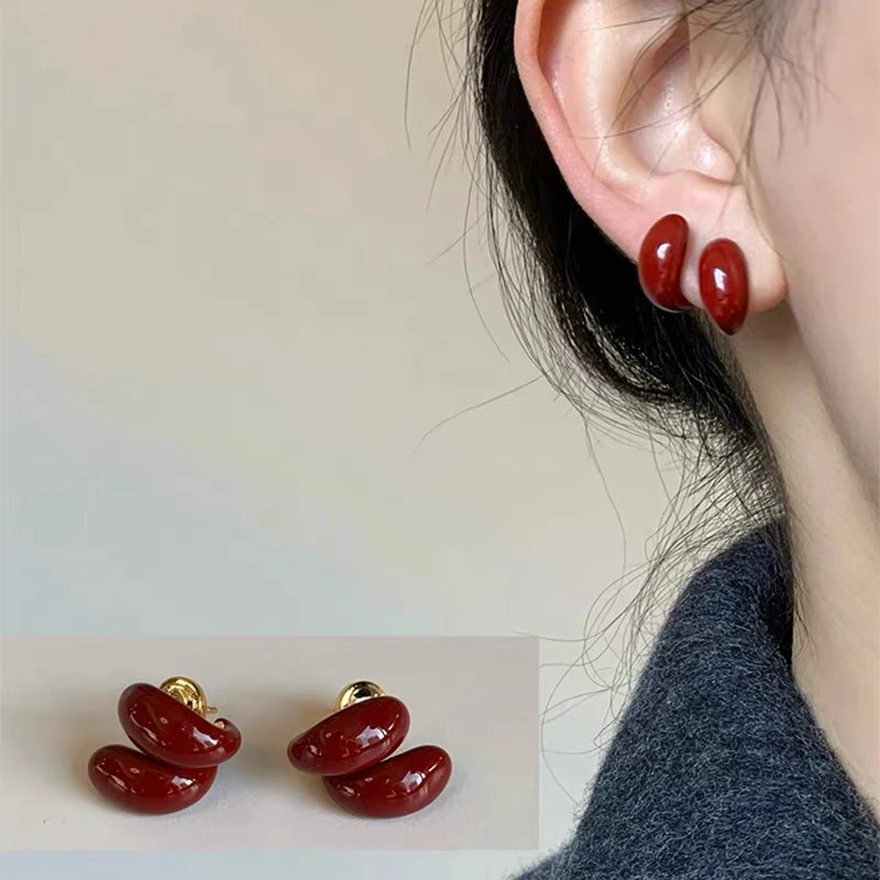 铜合金树脂耳饰 安可拉红色几何两戴式耳环小众复古港风