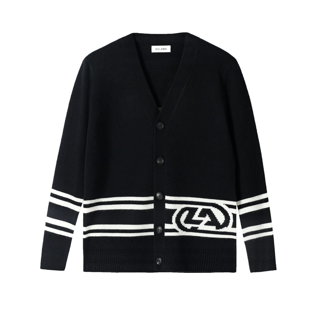 奥拉玛AOLAMA秋冬男厚条纹logo刺绣简约宽松黑纯色开衫毛衣羊毛衫
