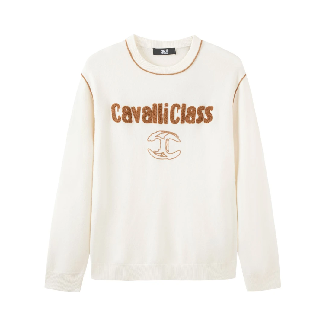Cavalli Class卡沃利男秋冬logo英文立体刺绣植绒黑白毛衣羊毛衫