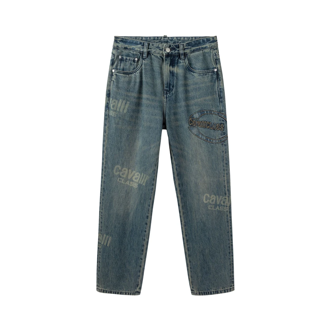 Cavalli Class卡沃利秋冬logo刺绣印花水洗蓝做旧阔腿直筒牛仔裤