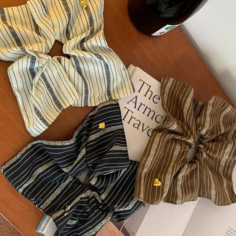 韩国博主复古条纹方形发圈大肠圈小众布艺百搭高颅顶发饰