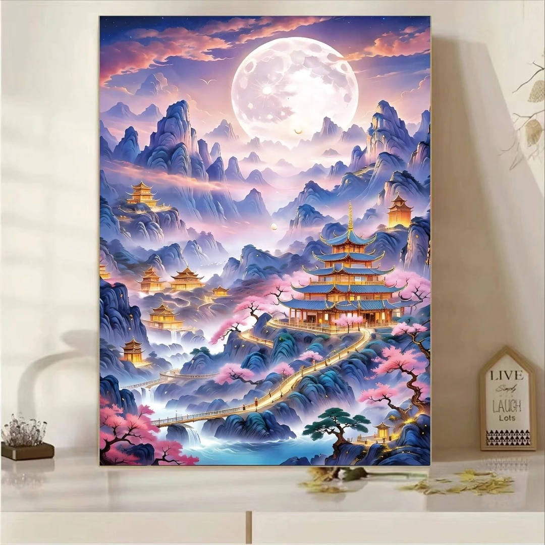 清晰天沧月十字绣2024新款客厅玄关云顶天宫国潮古风阁楼沾满钻