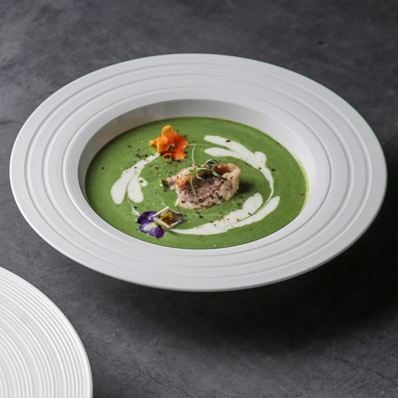 一亨家居白色创意韦斯纹理餐厅餐盘意面沙拉草帽汤盘西餐浓汤盘