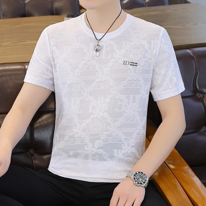 冰丝潮牌男士圆领短袖体恤夏季新款男装衣服潮流提花个性简约T恤