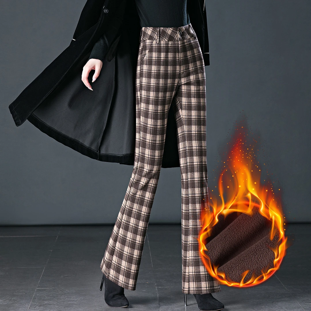 2025冬季新款中年女裤加绒加厚大格子毛呢微喇休闲长裤显瘦喇叭裤