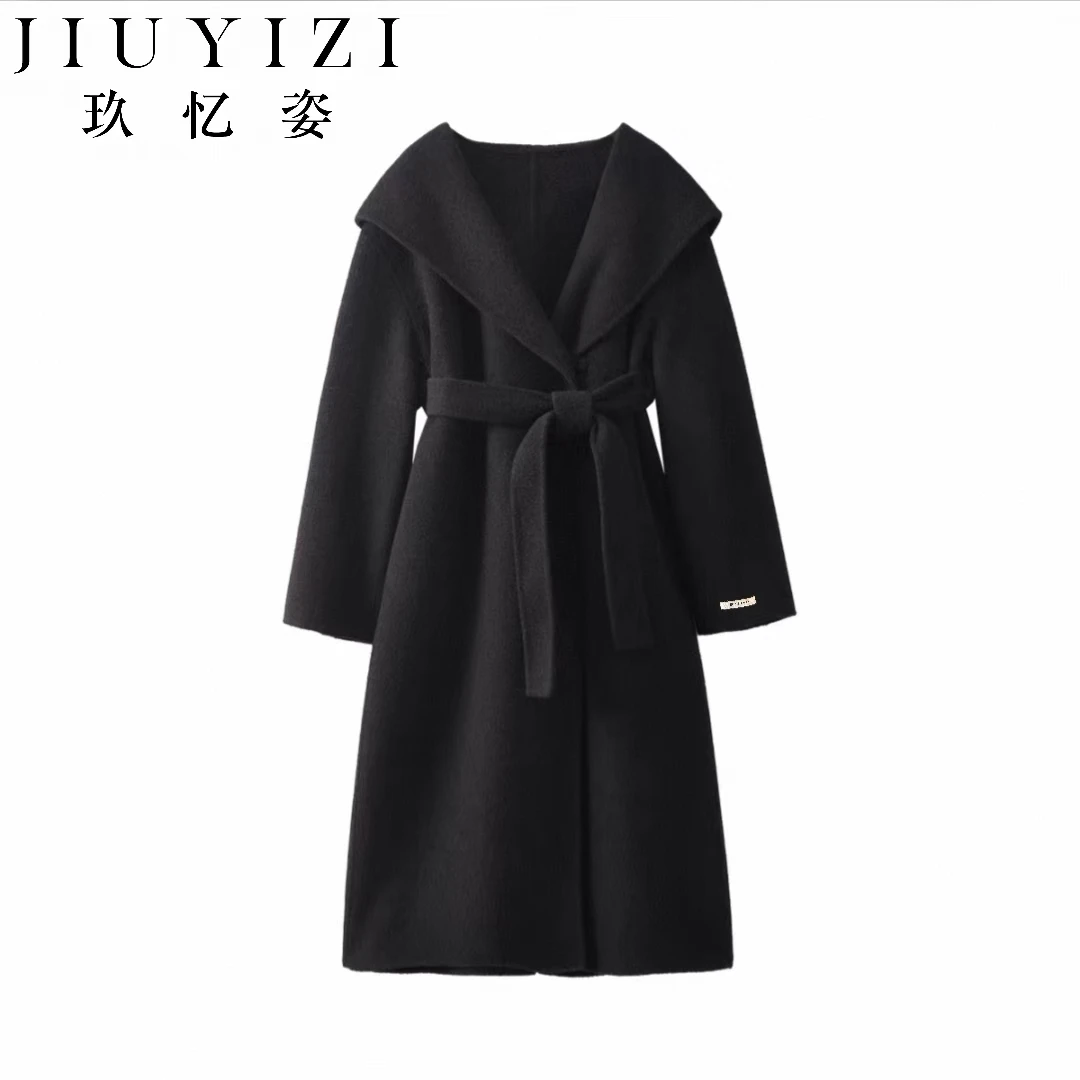 玖忆姿秋冬新款黑色气质百搭收腰连帽睡袍毛呢大衣297