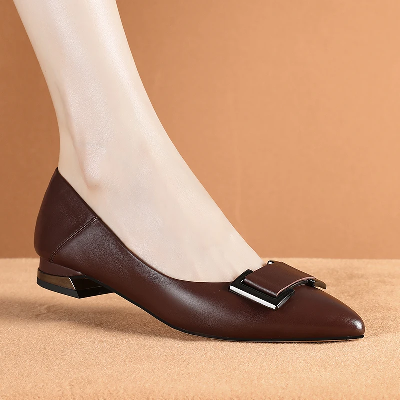 春秋季浅口单鞋女平底真皮百搭软面舒适尖头瓢新款平跟鞋子