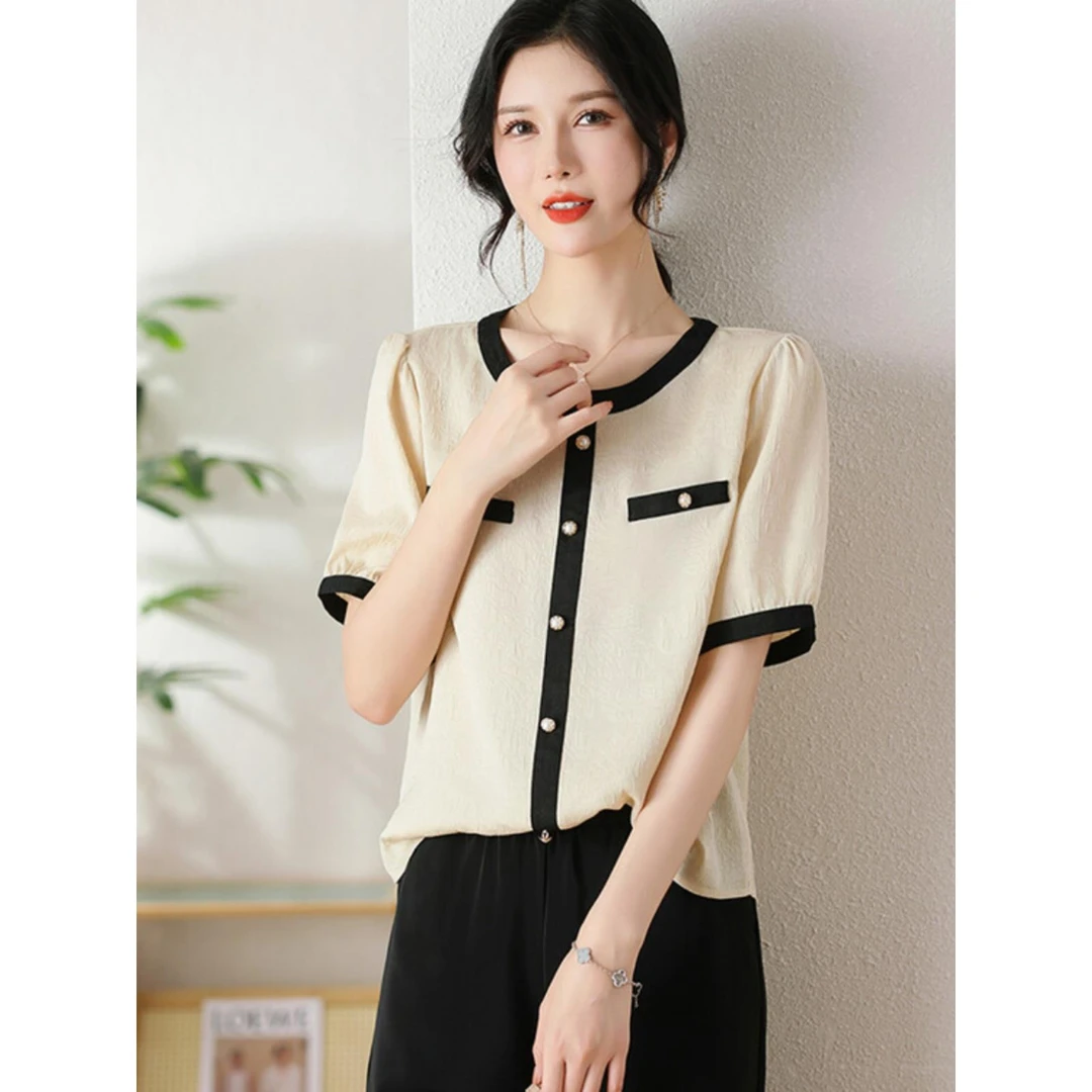 新款杭州圆领冰丝衬衫女夏季新款宽松桑蚕丝短袖上衣透气高档t恤