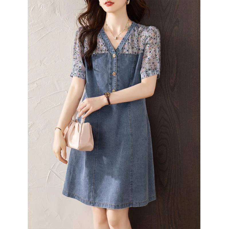 新款雪纺碎花拼接牛仔短袖连衣裙女夏季新款高级感洋气宽松中长款