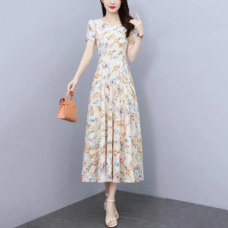 新款法式碎花雪纺真丝连衣裙女夏季新款妈妈遮肉显瘦减龄短袖A字