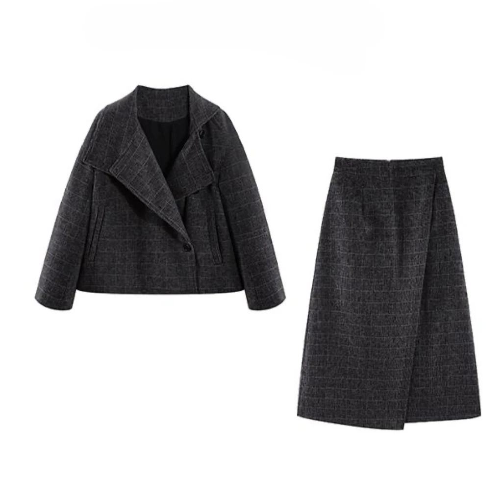 小众设计毛呢质感立领格纹复古短外套上衣