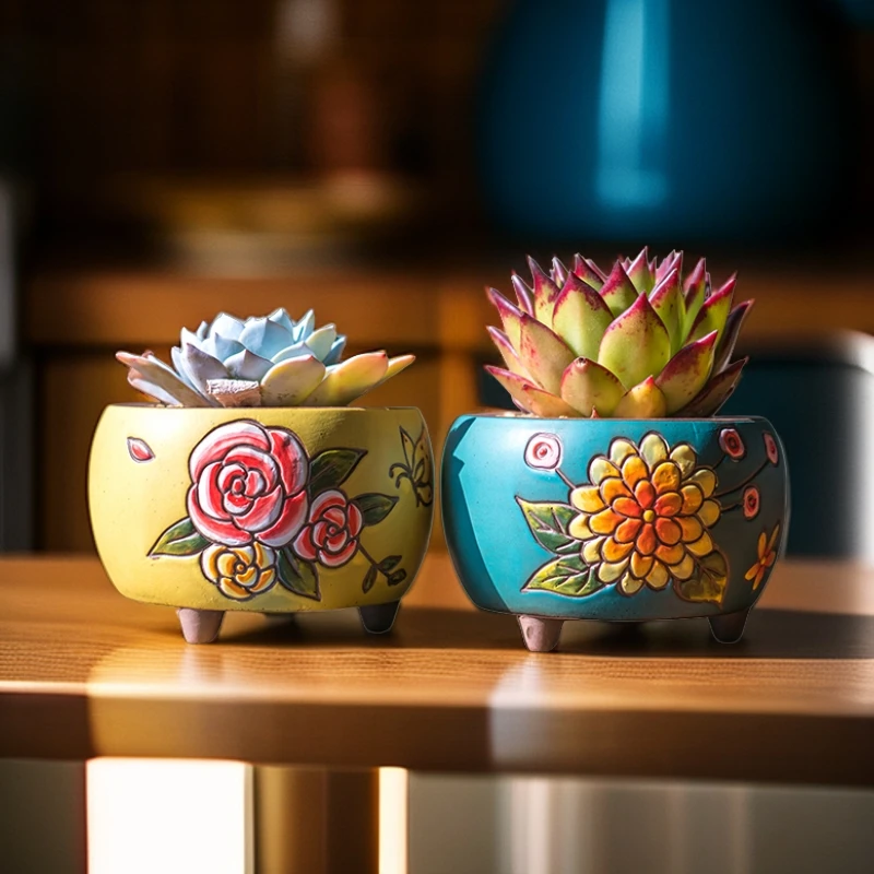 韩式手绘多肉植物花盆 陶瓷透气粗陶多肉植物橙梦露多肉花盆