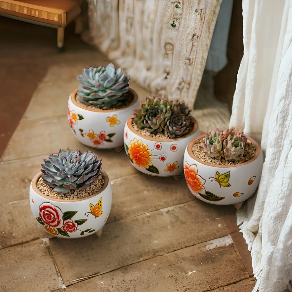 手绘多肉植物花盆圣透气大小传统雕刻手工粗陶陶瓷多肉植物花盆