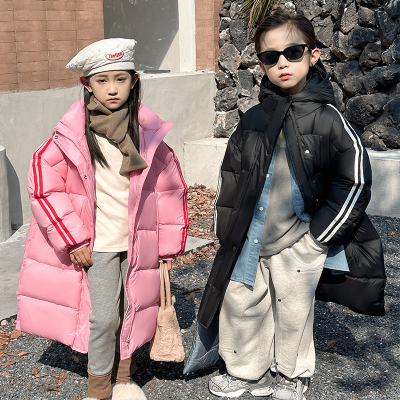 2024反季儿童男女童连帽中长款羽绒服中大童条纹运动过膝保暖外套