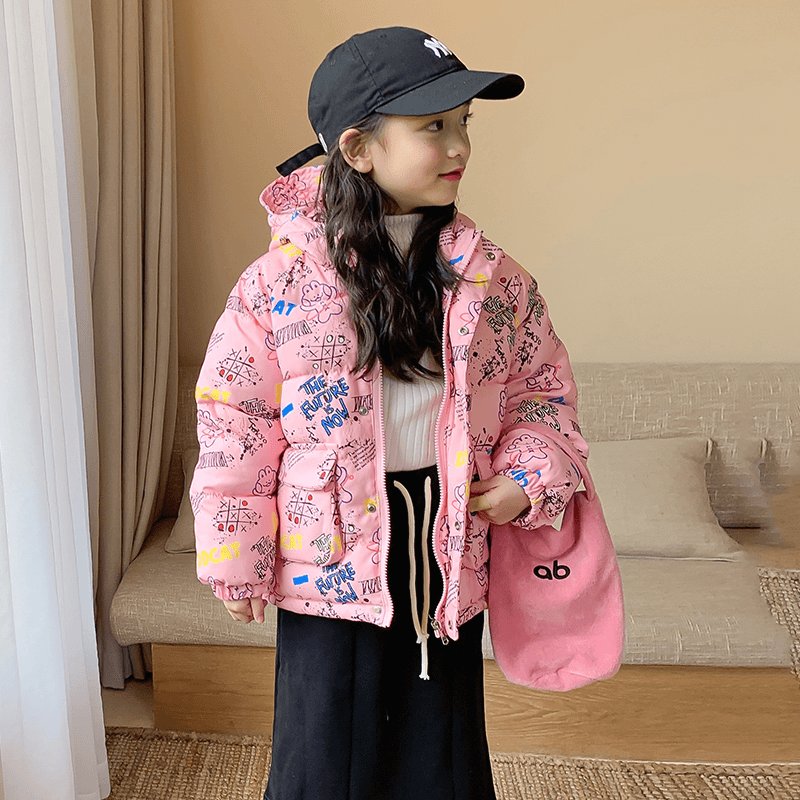 秋冬季新款儿童印花保暖棉袄男女童宝宝连帽卡通中小童加厚棉服