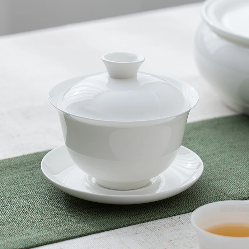 潮州高骨瓷超薄胎茶备茶海三才盖碗工夫茶三杯简约家用盖碗茶杯