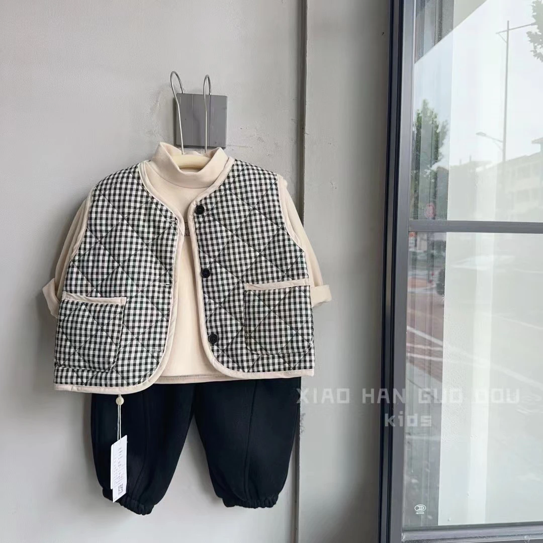 直播同价 小韩果豆儿童韩版格子夹棉马甲工厂现货现发