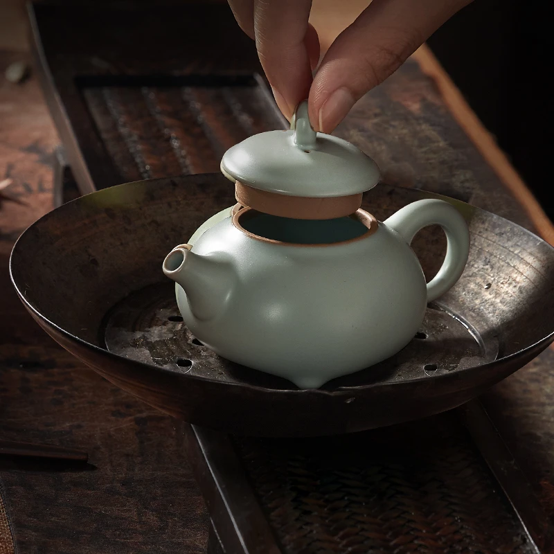东道汝窑富壶（天青）手工家用收藏复古茶壶天青色可养开片礼盒装