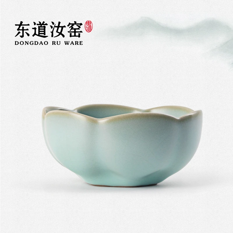 东道汝窑福瓣杯（小）（天青）手工陶瓷主人杯天青色品茗杯家用天青釉