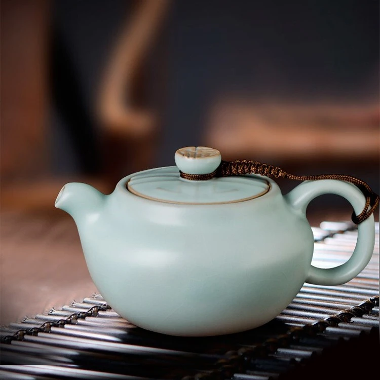 东道汝窑玲珑壶（天青）手工雕刻大容量中式家用茶道茶具礼盒装