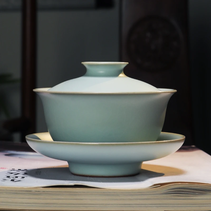 东道汝窑福圆盖碗(天青)手工三才盖碗泡茶碗茶具茶器高档礼盒装