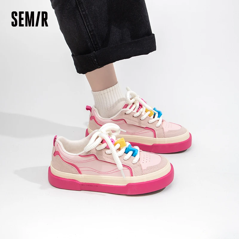 SEMIR滑板鞋女2023冬季新款复古百搭休闲多巴胺撞色帆布鞋女鞋子