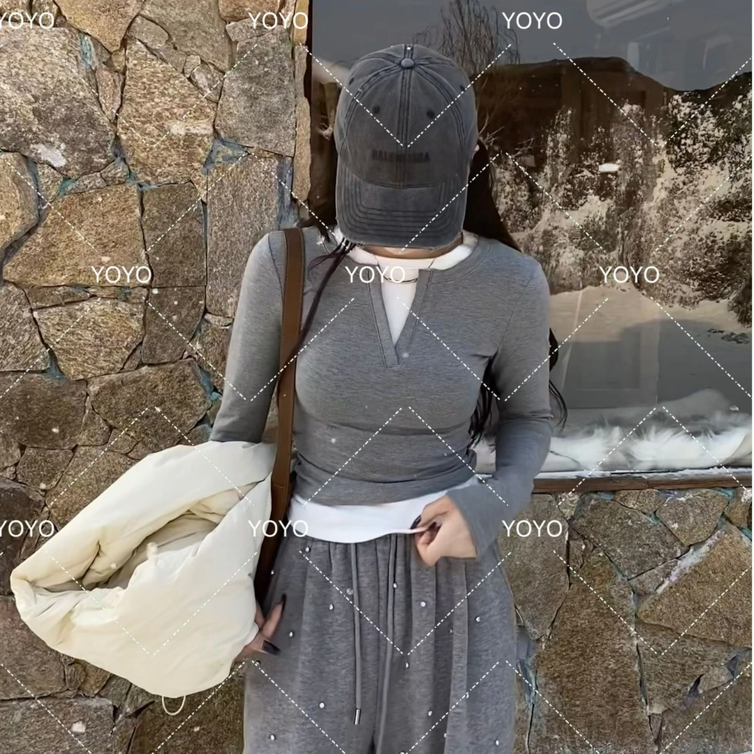 YOYO自制【V领叠穿】磨毛假两件显瘦拼接长袖打底上衣