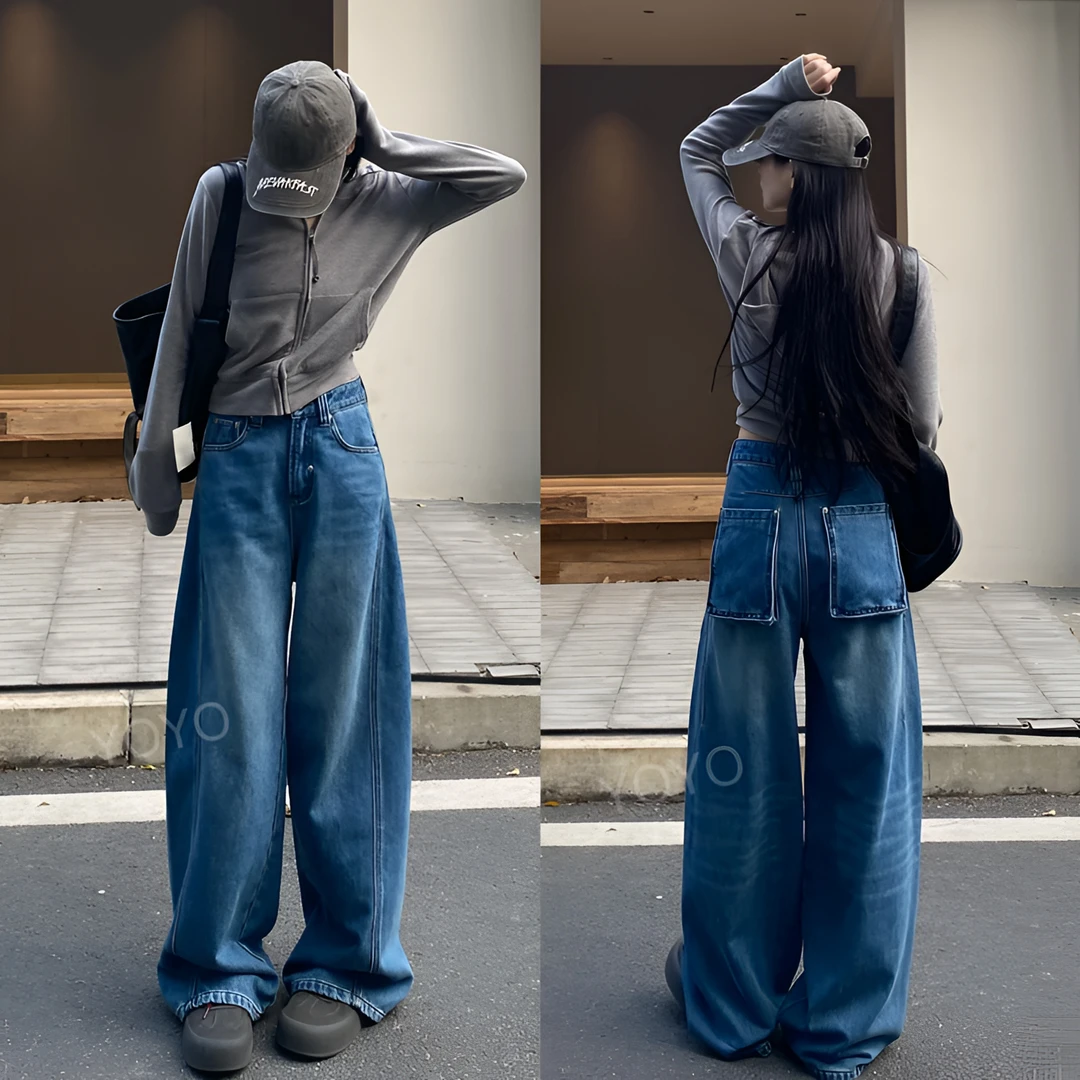 YOYO自制【酷辣出行】薄绒美式显瘦复古高街宽松设计感牛仔阔腿裤