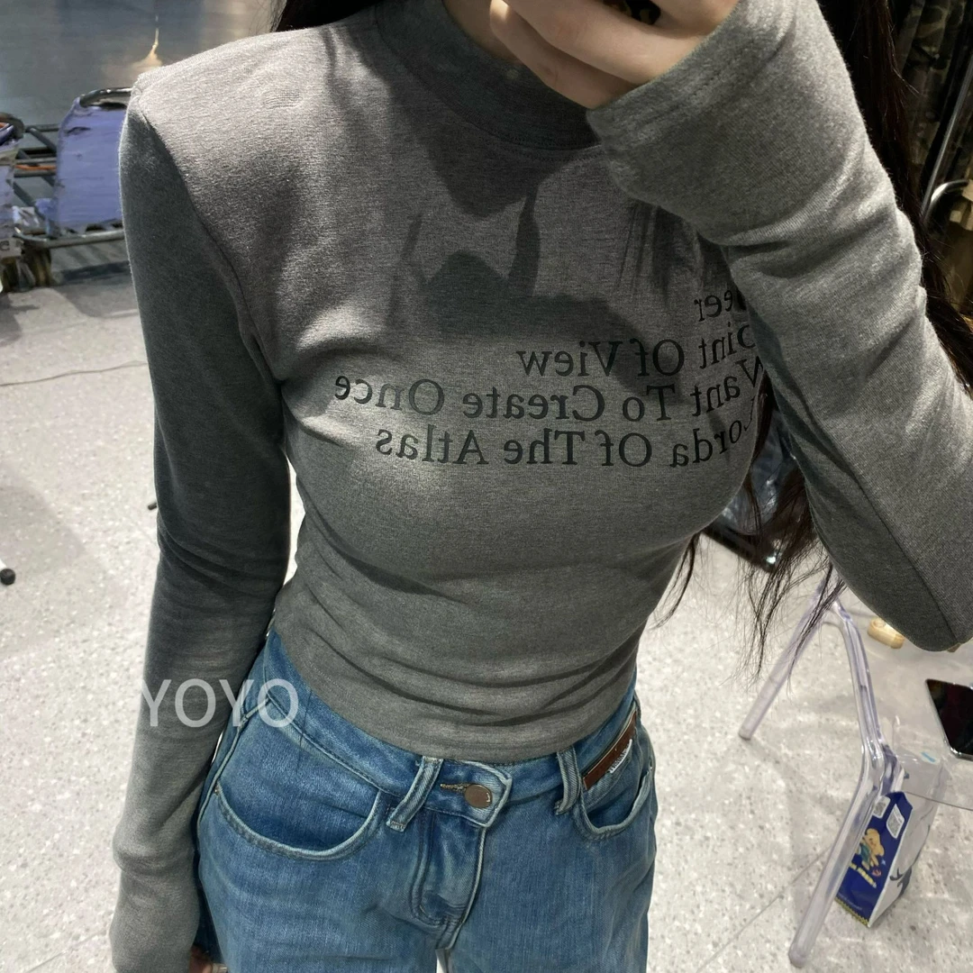 YOYO自制【磨毛字母T】加绒打底修身圆领设计感长袖上衣T恤印花