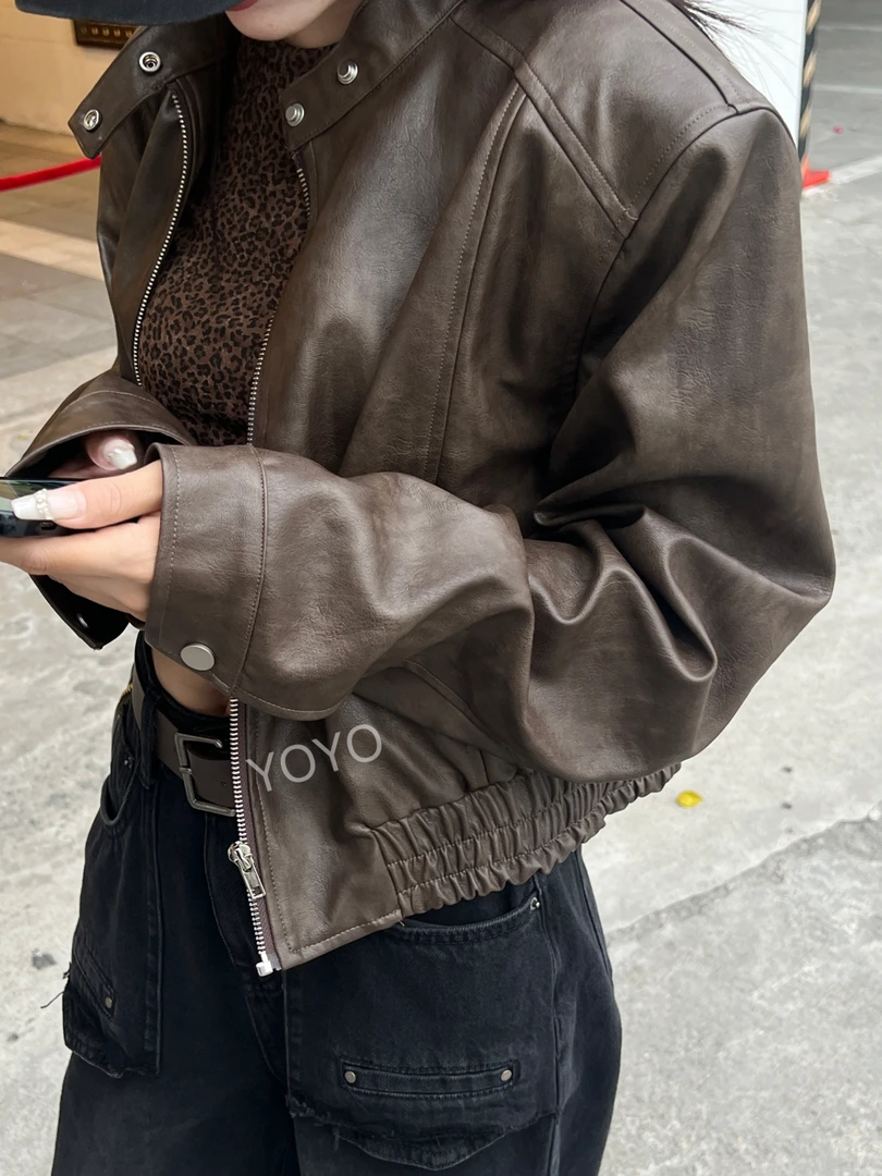 YOYO自制【皮机车服】超帅褐色立领短款街头复古PU皮上衣女外套