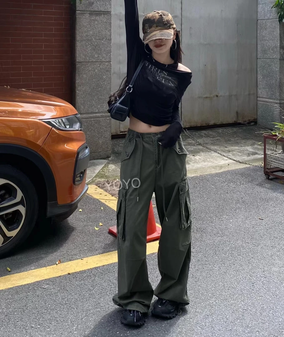 YOYO自制【军绿工装】美式绿色复古高街宽松街头工装阔腿裤