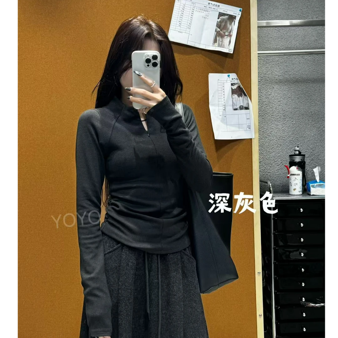 YOYO自制【半开拉链】磨毛显瘦修身小众设计感长袖打底上衣