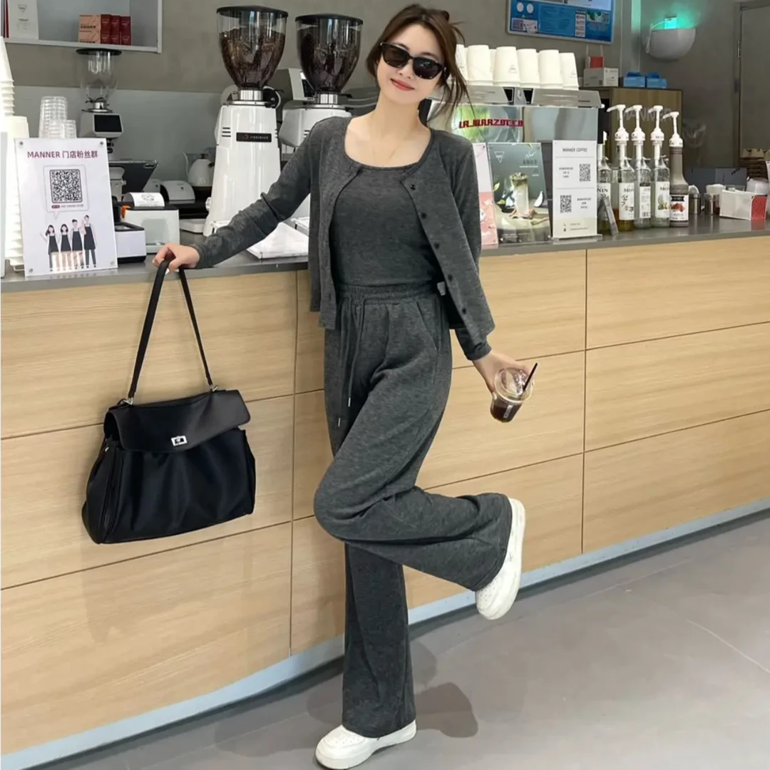 【糯米三件套】运动休闲套装时尚春秋季2024高端宽松开衫阔腿裤