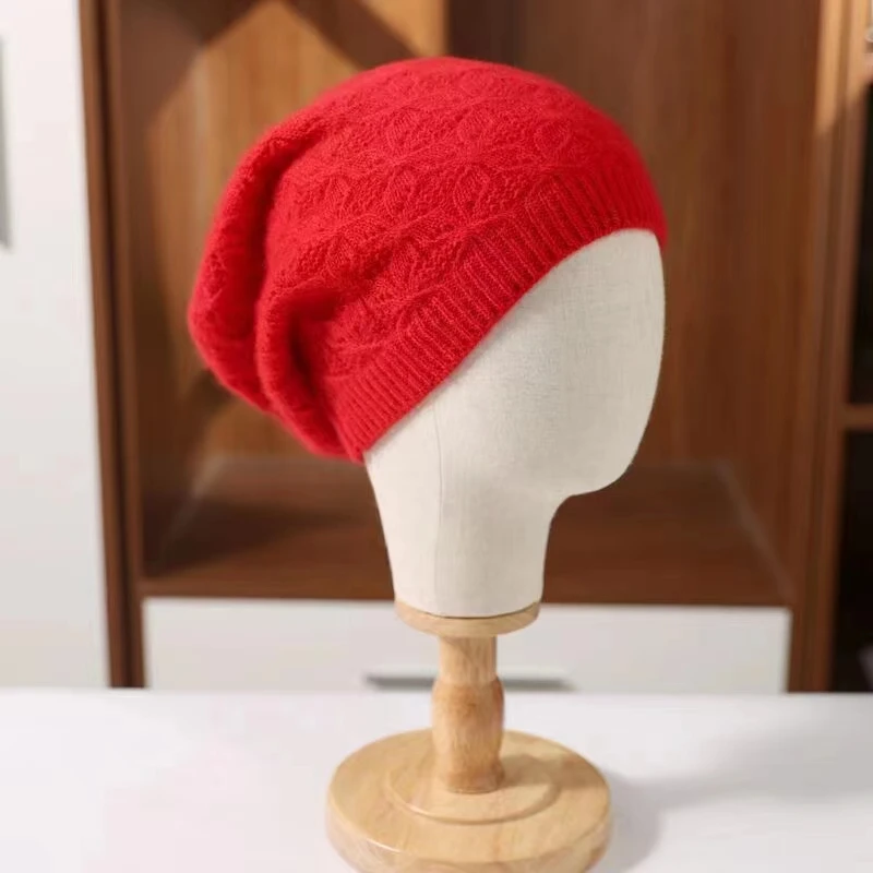 秋冬羊毛女帽子四叶草高弹美丽诺针织镂空圆顶羊毛抗风保暖帽子