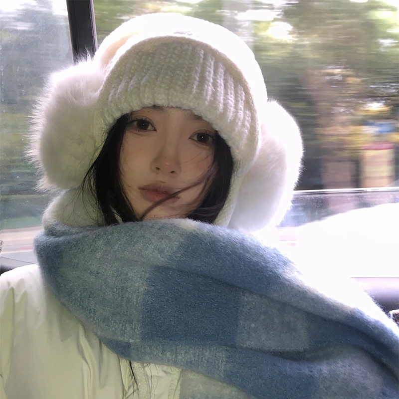 【猫仔kitten】针织保暖帽子毛毛绒绒白色耳罩粉色毛线帽雷锋帽