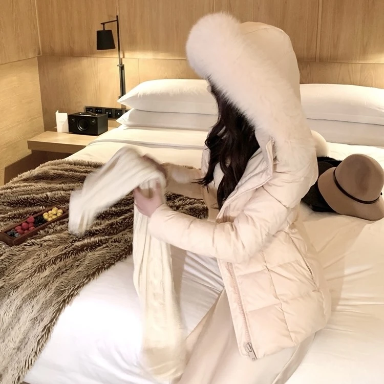 粉色保暖毛领连帽羽绒棉服外套女冬季新款小个子修身收腰棉衣棉袄