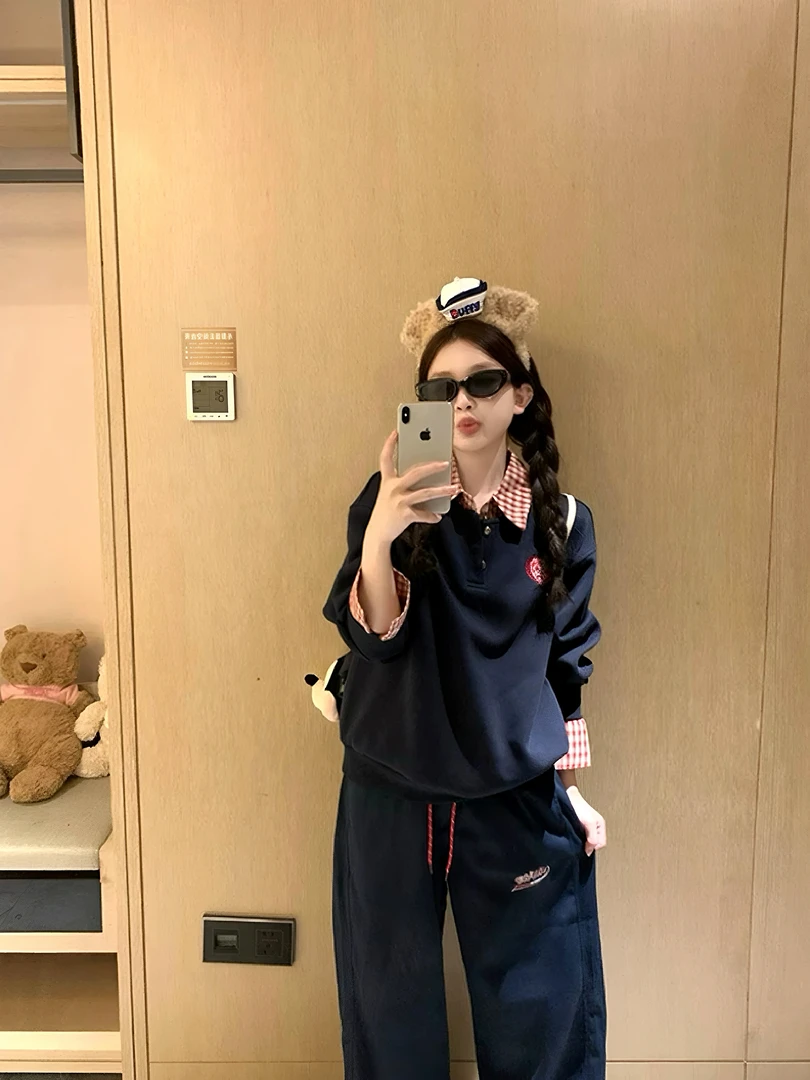 【多巴胺艺术家】美式复古学院风休闲套装女秋季高级感假两件套
