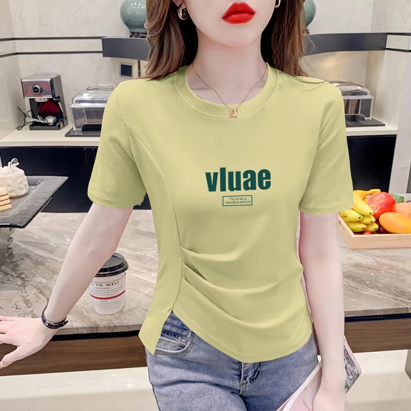 大码不规则圆领短袖T恤女夏季新款胖MM遮肉显瘦短款微胖百搭上衣