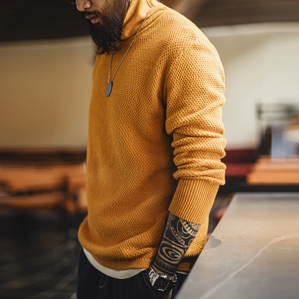 马登工装美式复古半高领菠萝纹毛衣黄色打底套头内搭针织衫男春夏