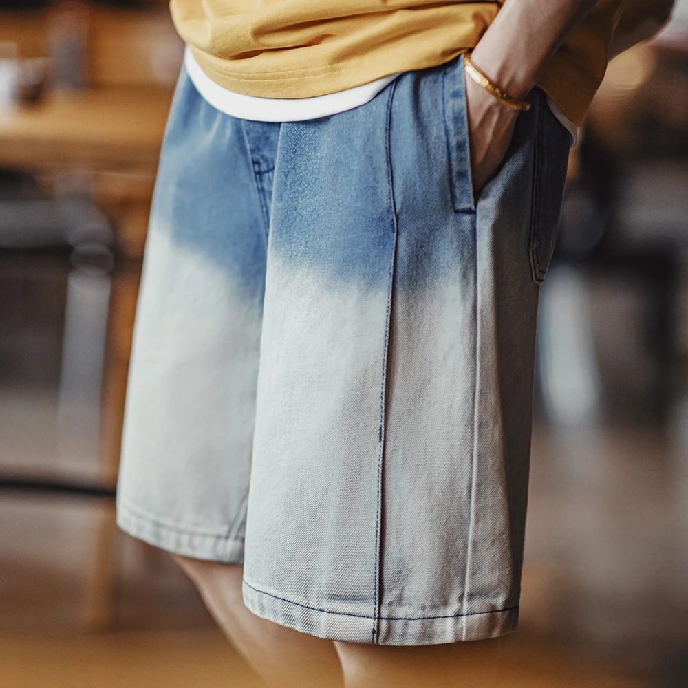 马登工装美式复古渐变蓝水洗牛仔短裤丹宁纯棉休闲直筒五分裤男夏