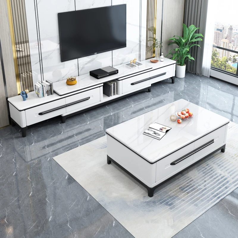 岩板茶几电视柜组合实木墙柜现代家用轻奢风可伸缩沙发电视机柜