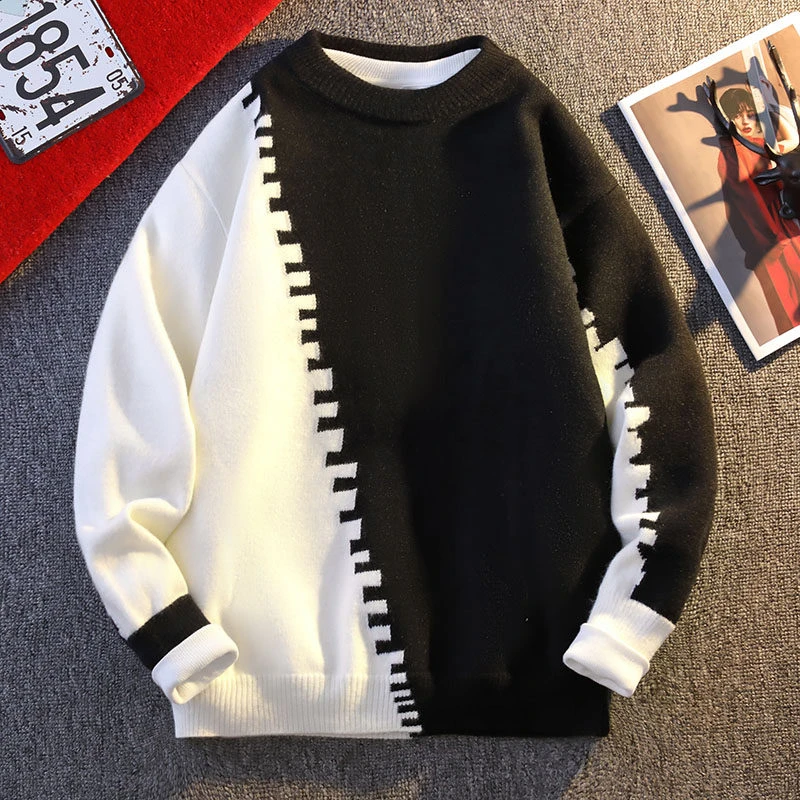 2024秋冬季青少年宽松潮流拼色学生针织毛衣男士韩版打底衫潮9243