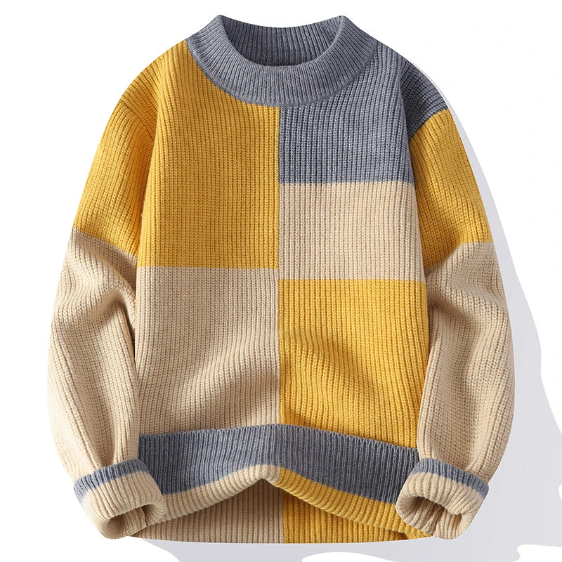 2024冬季男士宽松圆领拼色毛衣学生青少年休闲百搭打底针织衫506