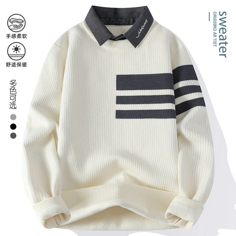 2024秋冬季男士休闲保暖柔软衬衫领套头条纹毛衣宽松针织衫M9970