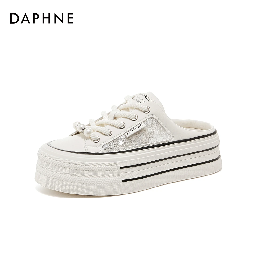 达芙妮女鞋小白鞋休闲夏季外穿厚底半拖包头网面串珠帆布鞋半拖鞋