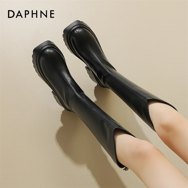 达芙妮v口长筒靴2025秋冬棉鞋胖mm粗腿厚底女士骑士黑色长筒皮靴