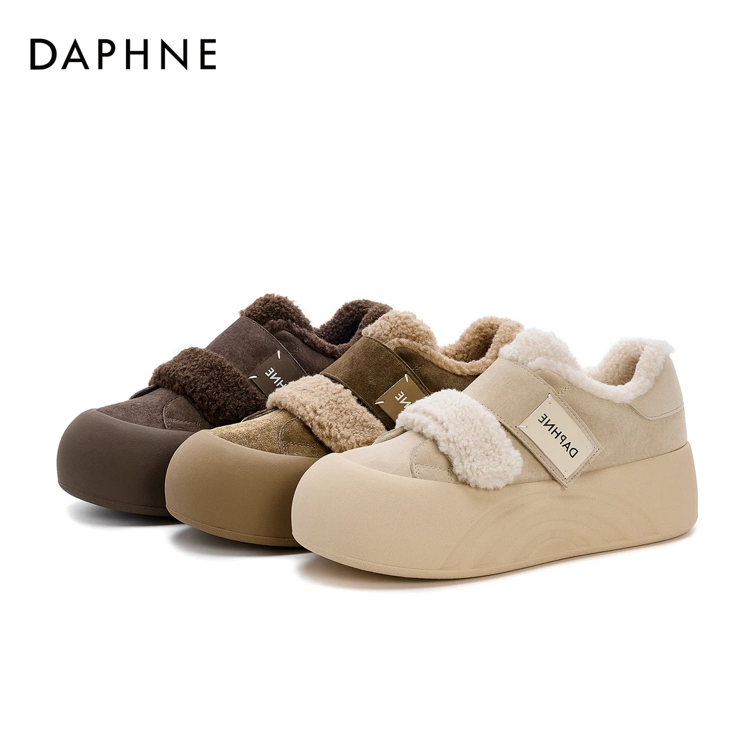 达芙妮新款2025年冬季百搭厚底加绒保暖魔术贴大头面包鞋休闲鞋女