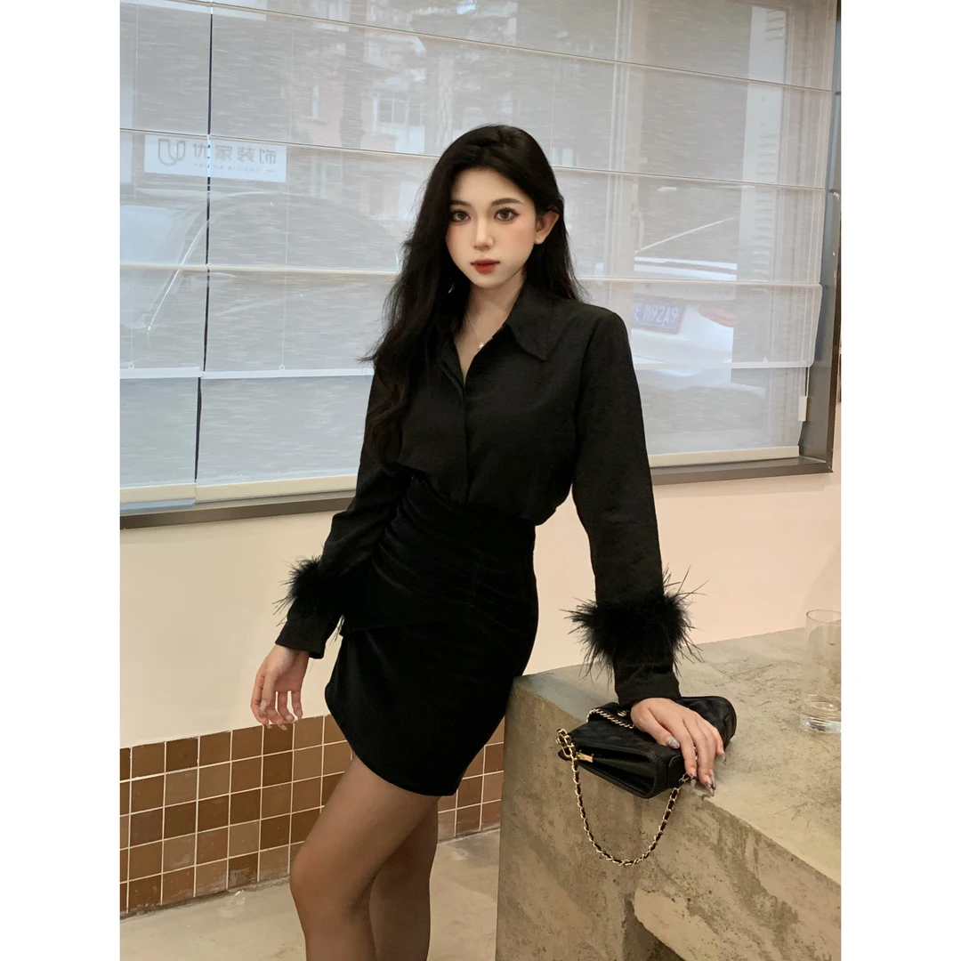 【A0312+1】百搭不规则收腰气质显瘦长袖高腰时尚上衣+短裙套装