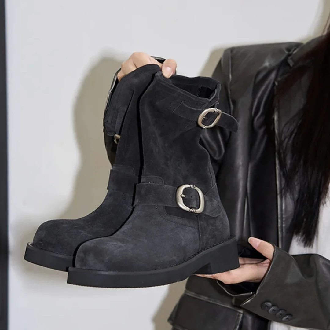 新款复古百搭秋冬厚底圆头机车堆堆中筒靴英伦金属扣件粗跟骑士靴