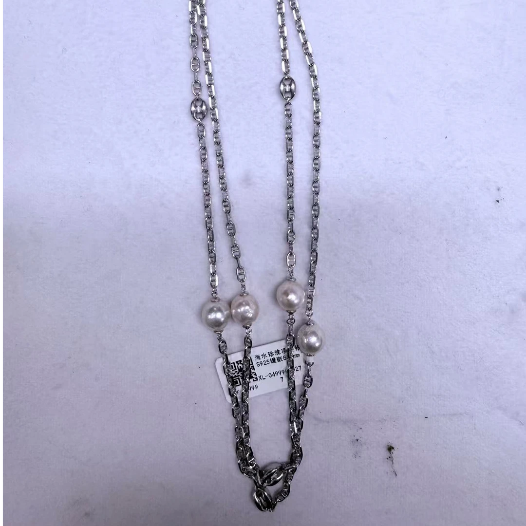 9-10mm天然海水珍珠项链冷白珠光S925银镶嵌百搭经典时尚